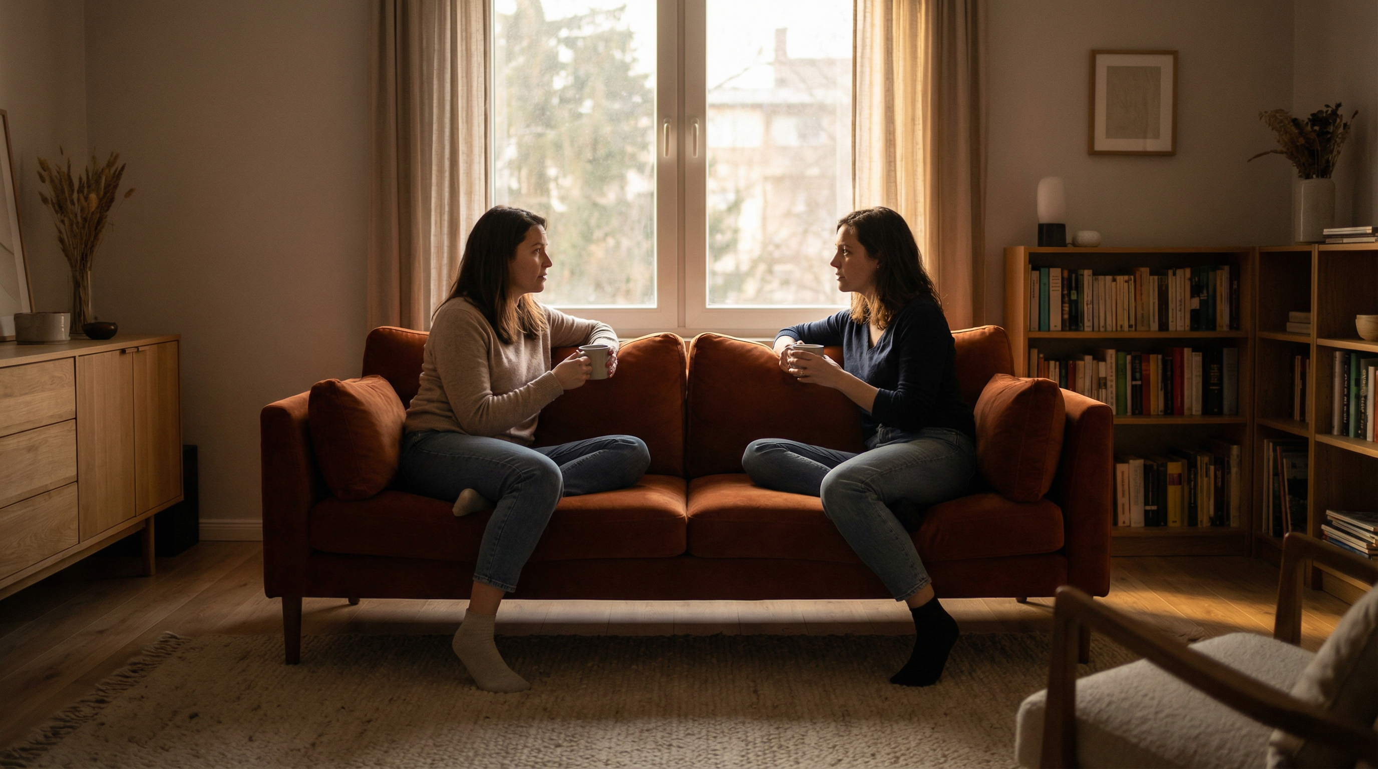 Two sisters having a calm conversation